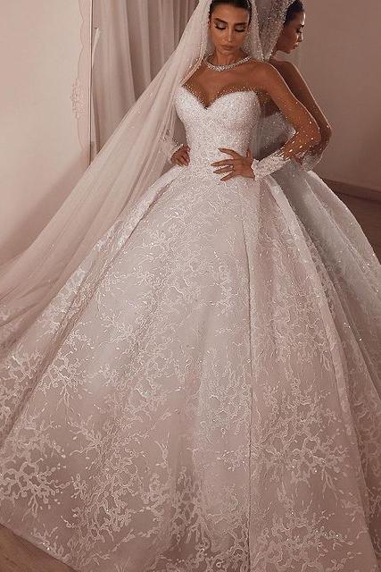 beaded illusion neckline wedding dress Illusion Neckline Luxury Beads Long Sleeves Wedding Dress QW0926 US4 / Custom Color