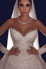 Luxurious Sparkle Beaded Ball Gown Tulle Lace Illusion neck Wedding Dress-Ballbella