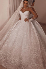 Luxurious Sparkle Beaded Ball Gown Tulle Lace Illusion neck Wedding Dress-Ballbella