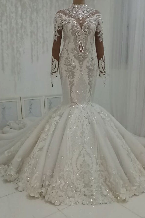 Luxurious Sparkle Beaded High neck Fit and Flare Mermaid Wedding Dress Luxurious Sparkle Beaded High neck Fit and Flare Mermaid Wedding Dress