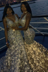 Luxurious Sparkle V-neck Sleeveless Sequin Prom Party Gowns with Puffy Flowers Skirt-Ballbella