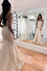 Luxurious Strapless Beadings Mermaid Wedding Dress Affordable Sleeveless Long Bridal Gown-Ballbella