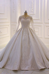 Luxurious White Long Sleevess Appliques Beadings Wedding Dress-Ballbella