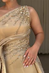 Luxury Asymmetrical Strapless Sleeveless Satin Prom Dresses A-Line Slit Gem With Zipper Pleats-Ballbella