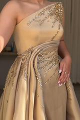 Luxury Asymmetrical Strapless Sleeveless Satin Prom Dresses A-Line Slit Gem With Zipper Pleats-Ballbella