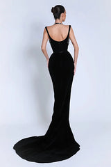 Luxury Black Halter Sleeveless V-Neck Mermaid Prom Dress High Split Gem With Zipper-Ballbella