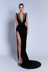 Luxury Black Halter Sleeveless V-Neck Mermaid Prom Dress High Split Gem With Zipper-Ballbella