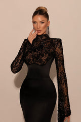 Luxury Black High Collar Long Sleeves Lace Prom Dresses Mermaid Column With Zipper-Ballbella