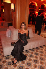 Luxury Black Sweetheart Strapless Lace Mermaid Prom Dresses Sheath With Gloves-Ballbella