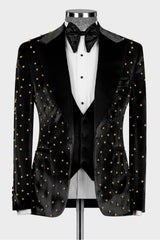 Luxury Black Velvet 3-Piece Prom Suit with Gold Beadings for Dinner-Ballbella