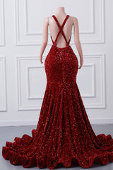 Luxury Burgundy Sequin Mermaid Silver Beaded Court Trian Prom Dresses-Ballbella