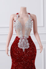 Luxury Burgundy Sequin Mermaid Silver Beaded Court Trian Prom Dresses-Ballbella