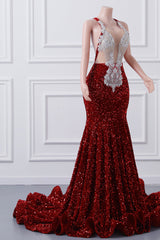 Luxury Burgundy Sequin Mermaid Silver Beaded Court Trian Prom Dresses-Ballbella