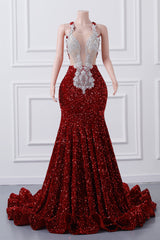 Luxury Burgundy Sequin Mermaid Silver Beaded Court Trian Prom Dresses-Ballbella