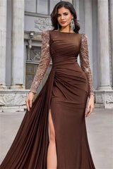 Luxury Chocolate Bateau Long Sleeves Satin Sequins Prom Dress Mermaid Side Split With Ruffle-Ballbella