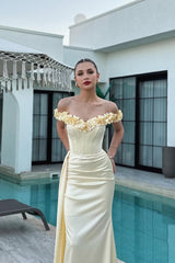Luxury Daffodil Off-The-Shoulder Satin Mermaid Prom Dresses Lace-Up Back Sleeveless With Flower Ruffle-Ballbella