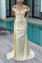 Luxury Daffodil Off-The-Shoulder Satin Mermaid Prom Dresses Lace-Up Back Sleeveless With Flower Ruffle-Ballbella