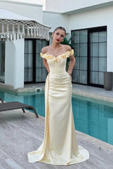 Luxury Daffodil Off-The-Shoulder Satin Mermaid Prom Dresses Lace-Up Back Sleeveless With Flower Ruffle-Ballbella