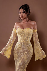 Luxury Daffodil Sweetheart Strapless Mermaid Lace Prom Dress Detachable Long Sleeves Column On Sale-Ballbella