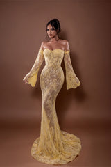 Luxury Daffodil Sweetheart Strapless Mermaid Lace Prom Dress Detachable Long Sleeves Column On Sale-Ballbella