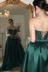Luxury Dark Green Sweetheart Mermaid Prom Dresses Sequins Lace-Up Back With Overskirt-Ballbella