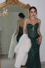 Luxury Dark Green Sweetheart Mermaid Prom Dresses Sequins Lace-Up Back With Overskirt-Ballbella