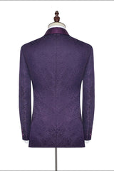 Luxury Dark Purple One Button Wedding Tuxedos Silk Shawl Lapel Jacquard Prom Suits-Ballbella