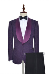 Luxury Dark Purple One Button Wedding Tuxedos Silk Shawl Lapel Jacquard Prom Suits-Ballbella