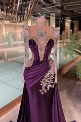 Luxury Grape Halter Long Sleeves Mermaid Prom Dresses Column Gem With Pleats-Ballbella
