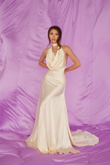 Luxury Halter Sleeveless Satin Prom Dresses Backless Long With Side Slit-Ballbella