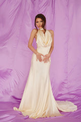 Luxury Halter Sleeveless Satin Prom Dresses Backless Long With Side Slit-Ballbella