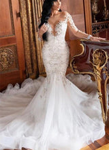 Luxury Lace Long Sleeves Mermaid Fitted Wedding Dresses-Ballbella