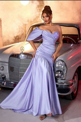 Luxury Lavender Sweetheart One Shoulder Satin Prom Dresses Column Beads With Pleats-Ballbella