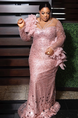 Luxury Long sleeves Pink Flowers Floor length Mermaid Plus Size Prom Dresses-Ballbella