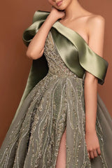 Luxury Moss Asymmetrical A-Line Prom Dresses High Split Gem Beads With Ruffle-Ballbella