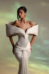 Luxury Off-The-Shoulder V-Neck Satin Mermaid Prom Dress Column Beads With Pleats-Ballbella
