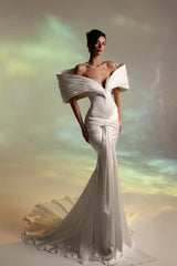 Luxury Off-The-Shoulder V-Neck Satin Mermaid Prom Dress Column Beads With Pleats-Ballbella