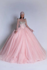Luxury Pink High Collar Long Sleeves Prom Dresses Ball Gown Gem With Lace-Up Back-Ballbella