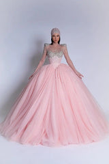 Luxury Pink High Collar Long Sleeves Prom Dresses Ball Gown Gem With Lace-Up Back-Ballbella