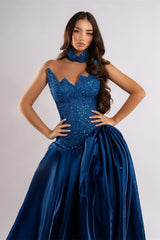Luxury Royal Blue Strapless Sleeveless Satin Prom Dress A-Line Sequins With High Split-Ballbella
