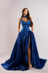 Luxury Royal Blue Strapless Sleeveless Satin Prom Dress A-Line Sequins With High Split-Ballbella