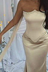 Luxury Strapless Mermaid Prom Dresses Satin Floor Length Sleeveless With Beads Ribbon-Ballbella