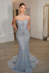 Luxury Strapless Sleeveless Mermaid Prom Dresses Column Gem With Lace-Up Back-Ballbella