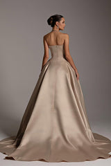 Luxury Strapless Sleeveless Satin A-Line Prom Dresses Long With Zipper Pleats-Ballbella