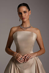 Luxury Strapless Sleeveless Satin A-Line Prom Dresses Long With Zipper Pleats-Ballbella