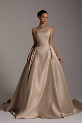 Luxury Strapless Sleeveless Satin A-Line Prom Dresses Long With Zipper Pleats-Ballbella