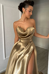 Luxury Sweetheart Strapless Sleeveless Satin Prom Dresses A-Line High Split With Pleats-Ballbella