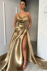 Luxury Sweetheart Strapless Sleeveless Satin Prom Dresses A-Line High Split With Pleats-Ballbella