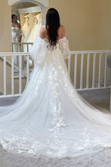 Luxury Sweetheart Strapless Tulle Wedding Dress A-Line Appliques Lace With Detachable Sleeves-Ballbella