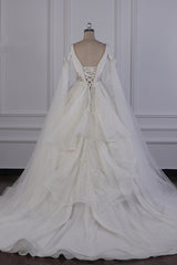 Luxury V-Neck Beadings Wedding Dress Tulle Sleeveless Sequined Bridal Gowns-Ballbella
